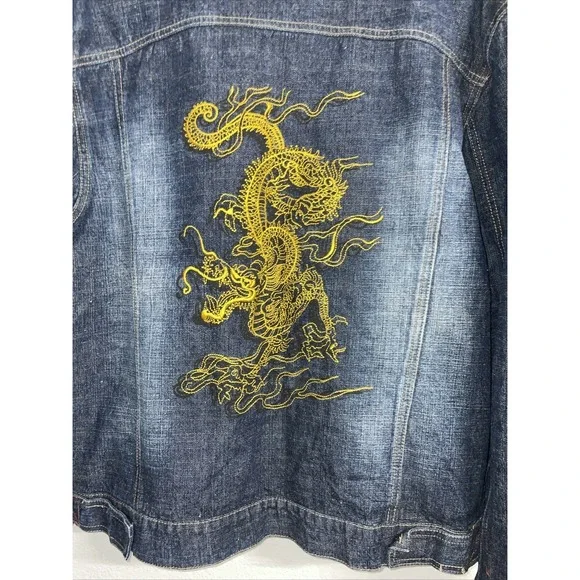 Vintage 1990s Paco Jeans Dragon Embroidered Style Denim Jacket NavySize XL